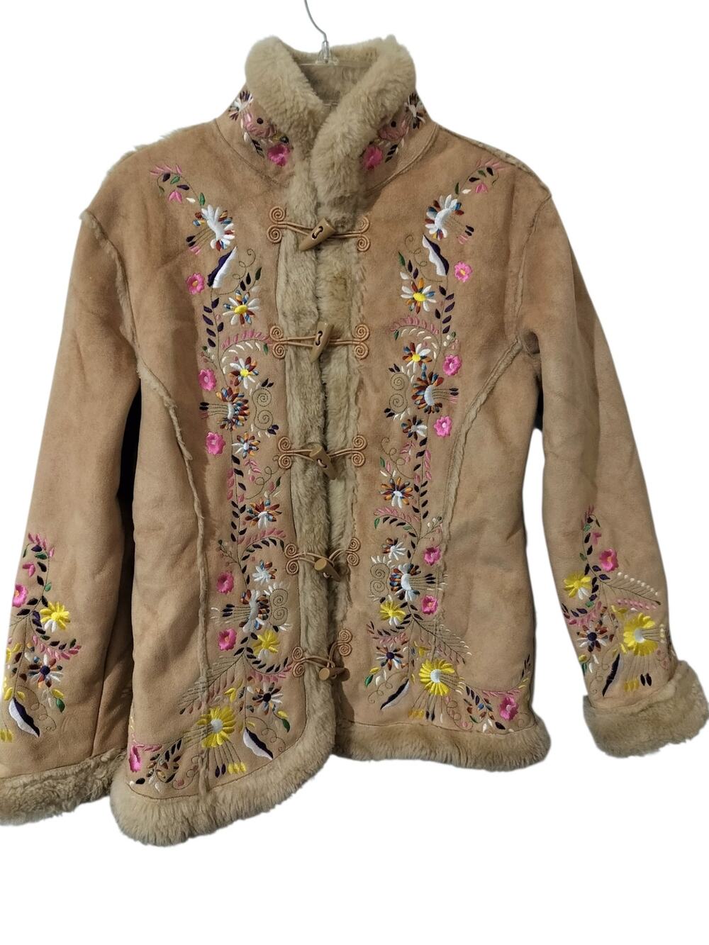 5971)Vtg Daniel Benjamin S Penny Lane Phoebe Boho Floral Faux Suede Toggle Coat